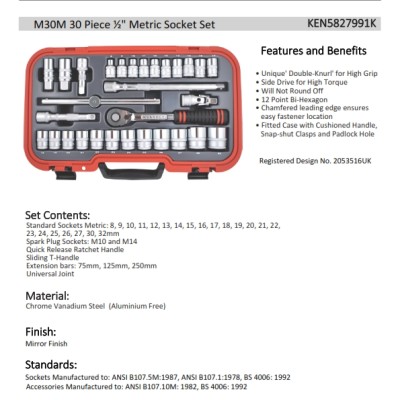 Kennedy-Pro METRIC SOCKET SET 30PC 1 2" SQ KEN5827991K