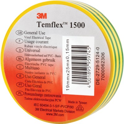 TEMFLEX 1500 YELLOW GREEN Electrical Insulation Tape, PVC (Polyvinyl Chloride), Green, Yellow, 19 mm x 18 m