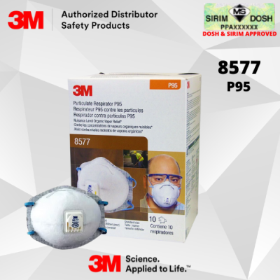 3M Particulate Respirator 8577, P95, with Valve and Nuisance Level Organic Vapor Relief, Dosh and Sirim Approved, Price per pc