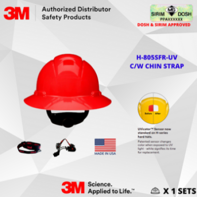 SIRIM AND DOSH APPROVE JKKP 2022 12-01 00020. 3M SecureFit Full Brim Hard Hat H-805SFR-UV, Red, 4-Point Pressure Diffusion Ratchet Suspension, with UVicator