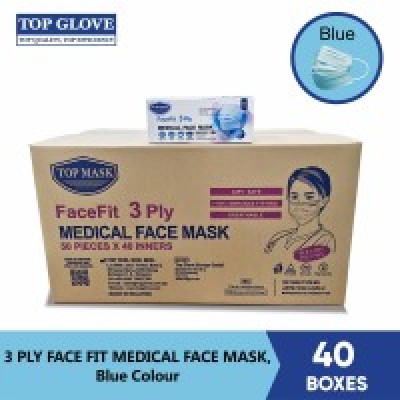 [1 Carton] Top Mask FaceFit 3 Ply Medical Face Mask, Blue | 40 Boxes Per Carton; 50 Pcs Per Box