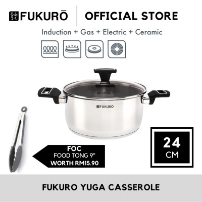 Fukuro Yuga 304 Stainless Steel Casserole With Lid 24cm [FOC Multipurpose Food Tong 9"]