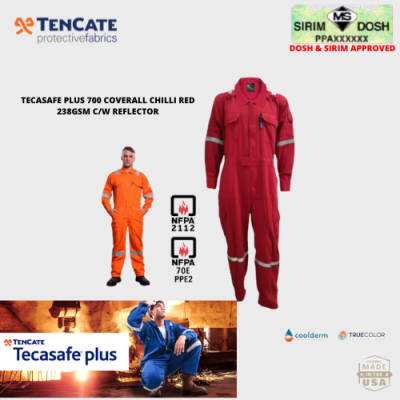 TECASAFE PLUS 700 COVERALL CHILLI RED 238GSM C W REFLECTOR, SIZE:XL, Shell logo 2 in wide embroidery