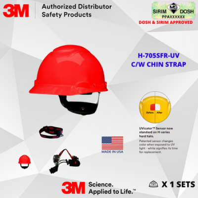 DOSH and SIRIM Approved JKKP 2022 12-01 00007 3M SecureFit Hard Hat H-705SFR-UV, Red, 4-Point Pressure Diffusion Ratchet Suspension, with Uvicator