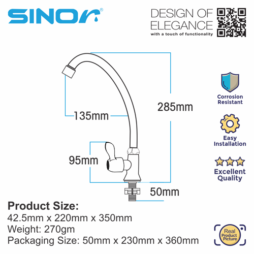 Sink Tap, SINOR S-1003-P Stainless Steel       /       SINOR S-1003-P Stainless Steel