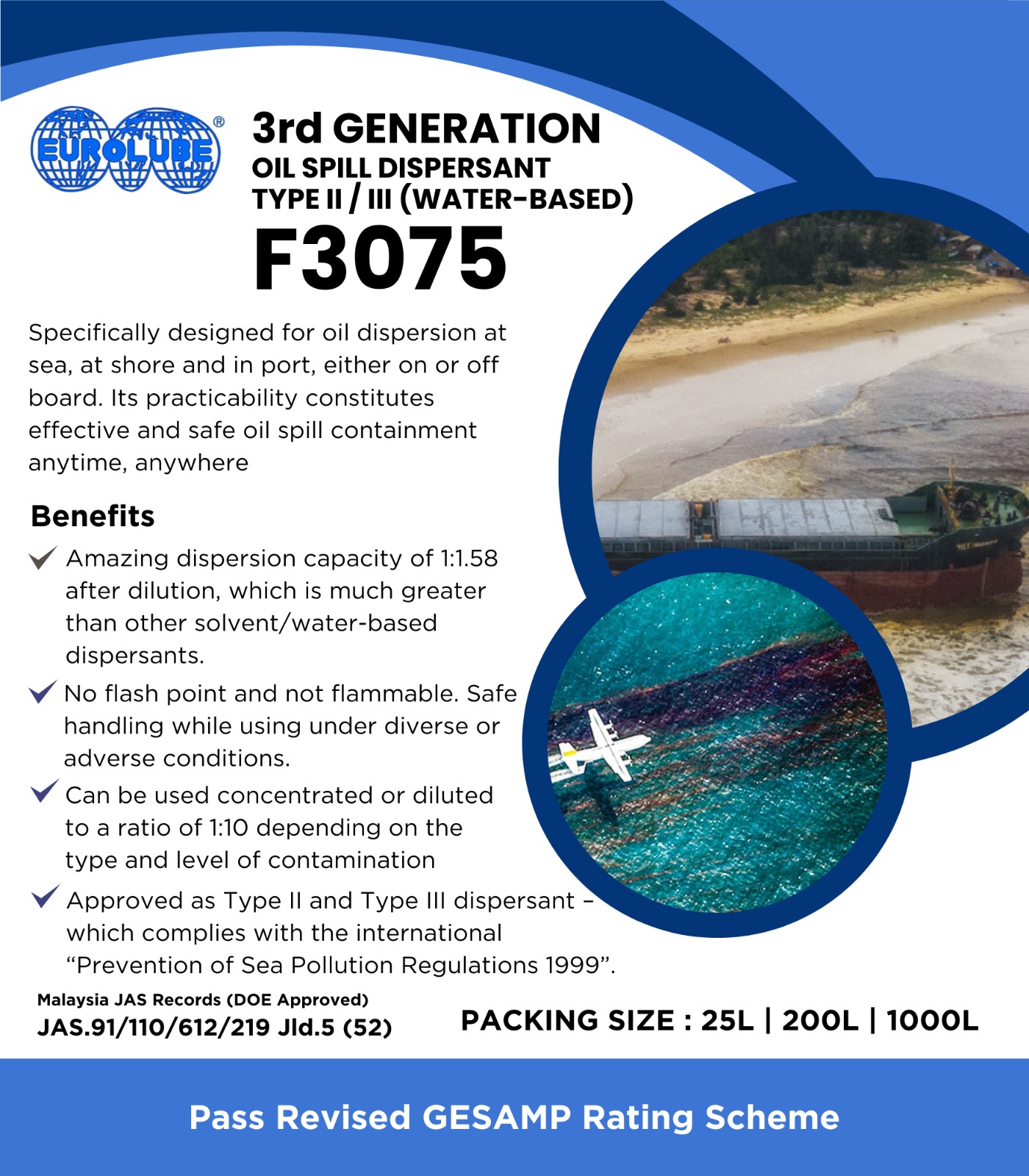 EUROLUBE F3075 3RD GENERATION TYPE II      /      III OIL SPILL DISPERSANT (WATER BASED), 25LTR