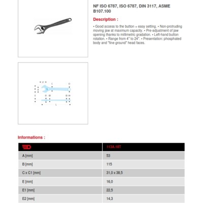 Facom Adjustable Spanner, 456 Mm Overall Length, 53mm Max Jaw Capacity