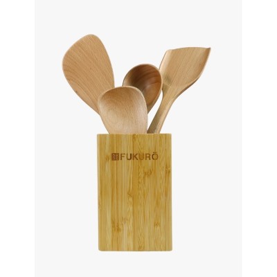 Fukuro 5-Pcs Beech Wood Utensils Set   Rice Scoop   Turner   Soup Ladle   Fry Spatula   Bamboo Utensil Holder