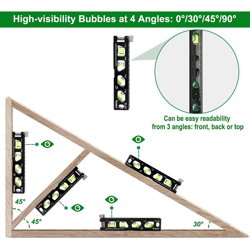 Huepar Torpedo Level Ruler 5.1" 13cm Superior Magnetic Spirit Ruler Measuring with Green Bubble Balance Level