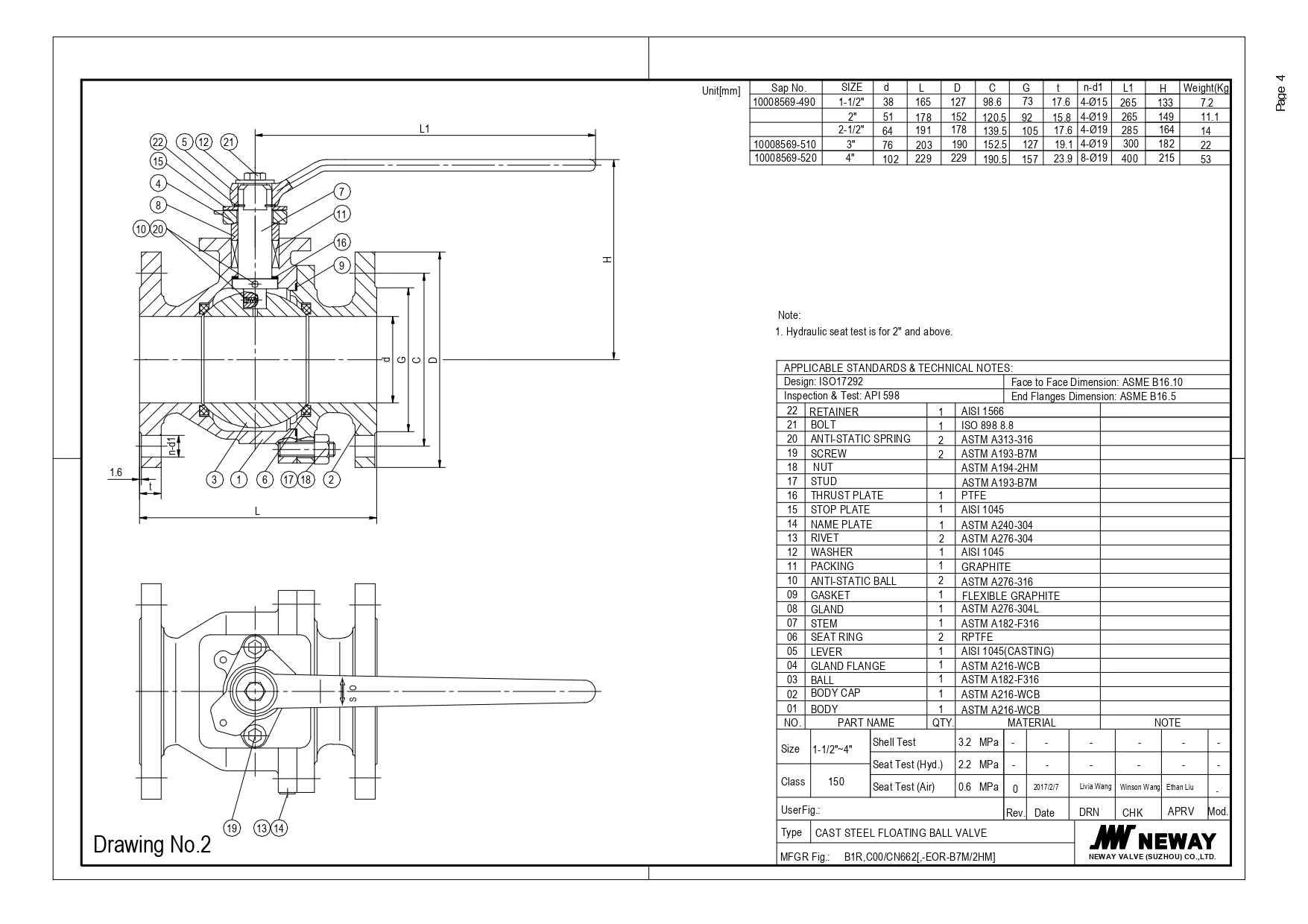 NEWAY BALL VALVE FLOATING BALL, FULL BORE, 2 PCS BODY, ANSI 150, A216 WCB BODY, BALL  AISI 316, R-PTFE SEAT, FLANGED ENDS RF, LEVER OPERATED,  NACE MR-0175 & MR-0103,  SIZE : 2"   OFFER AS PER DRAWING ATTACHED OFFER W      /      O COMPLY TO PMRC STANDARD