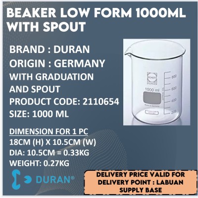 DURAN BEAKER LOW FORM 1000ML WITH SPOUT