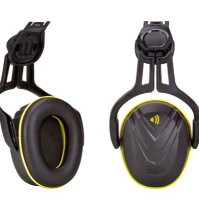 MSA SAFETY WORKS, 10190357 V-GARD helmet-mounted ear muffs with 27 dB (NRR) noise reduction rating, black yellow color