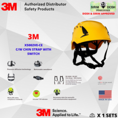 SIRIM AND DOSH APPROVED JKKP 2022 12-01 00009. 3M SecureFit X5000 Safety Helmet, Vented, 1000V, CE, Yellow, X5002VE-CE