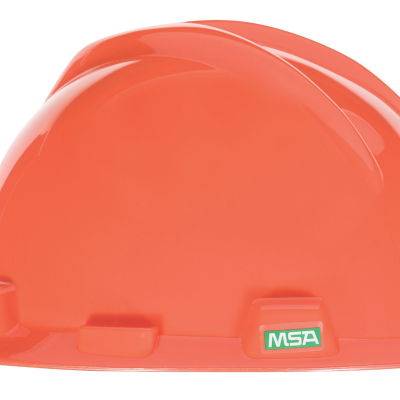 MSA SAFETY WORKS 463945 ORANGE HARD HAT, POLYETHYLENE, V-GARD brand, slotted brim cap, Class E, features pin lock suspension, size 6.5 to 8 .