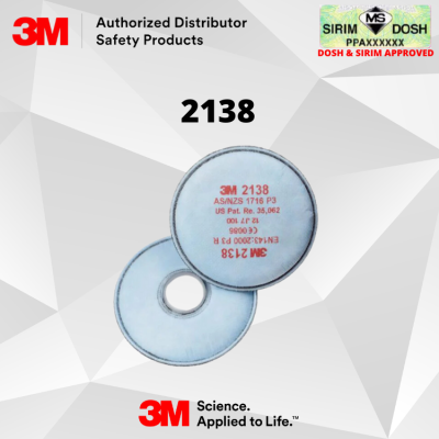 3M Particulate Filters 2138, P3 R, with Nuisance Level Organic Vapor and Acid Gas Relief DOSH and SIRIM Approved, Price per Pair