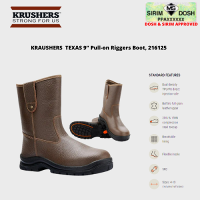 KRAUSHERS  TEXAS 9 Pull-on Riggers Boot, 216125, Dosh and Sirim Approved, Size US 12