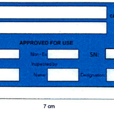 Blue Sticker, as per sample shown Size : 7 cm X 3.5 cm