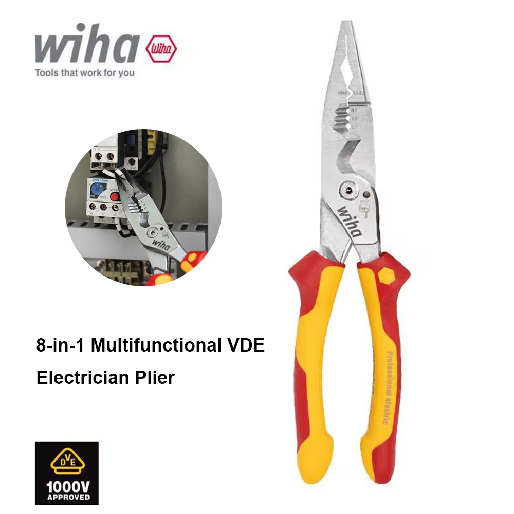 Wiha 45489 Electrician Plier 8-in-1 Multifunctional Insulated Wire Stripping Plier with Wide Handle Design Easy Operation