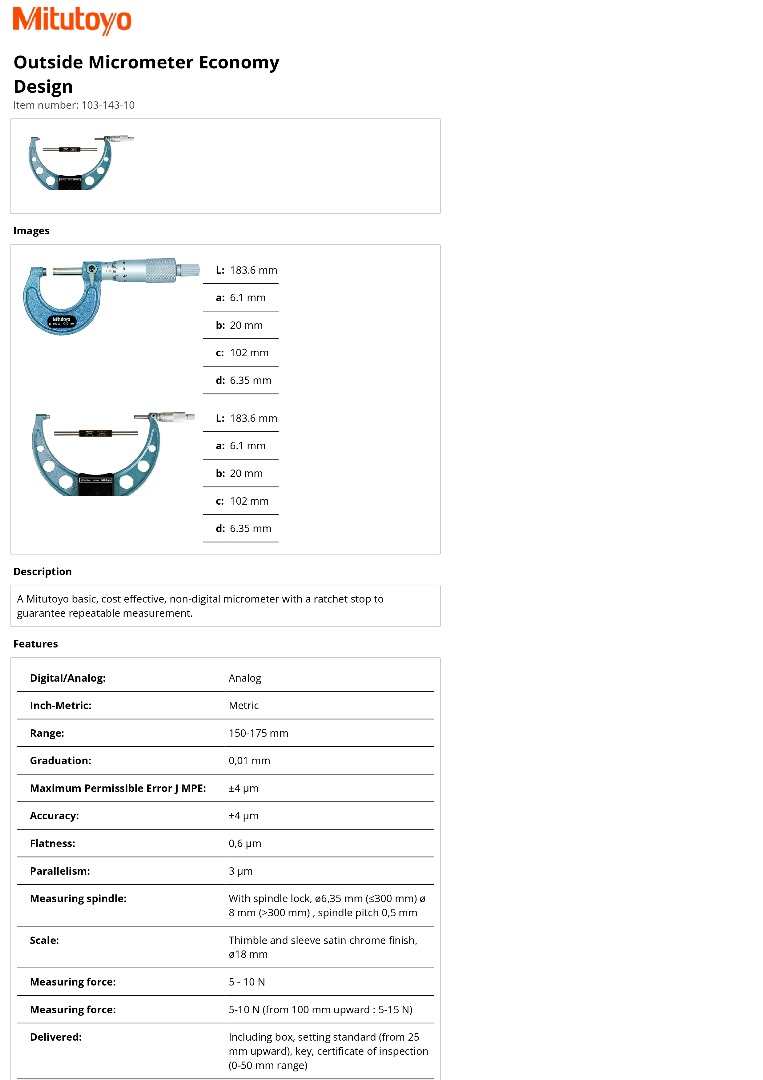 MITUTOYO OUTSIDE MICROMETER MODEL : 103-143-10 RANGE: 150MM-175MM       /       0.01MM