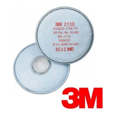 3M, 2138, P3 R filters for fine dust, oil water mist, acid gases, pack of 2