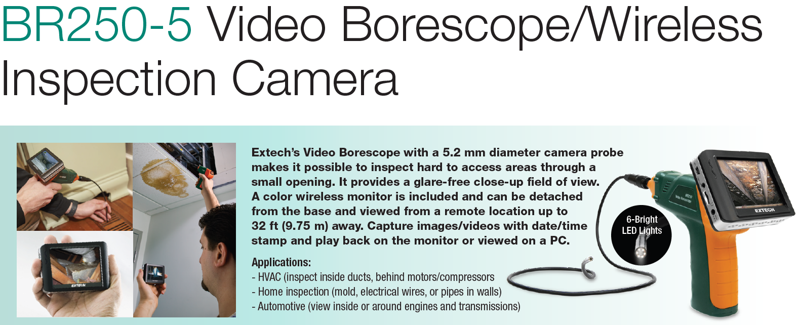 BR250-5  EXTECH(USA) Video Borescope      /      Wireless Inspection Camera (5.2 mm diameter Camera Head Probe w      /      1 m Cable)