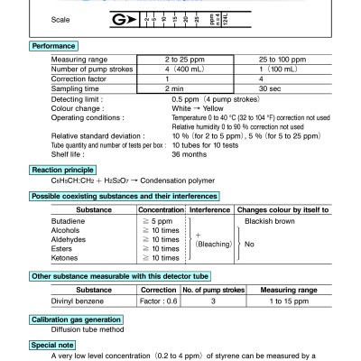 GASTEC 124L Detector Tube, Styrene, 2.0 To 100 Ppm, 10 PK