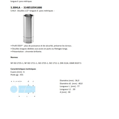 Facom 30mm Hex Socket With 1 2 In Drive,  Length 77 Mm