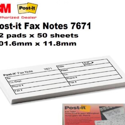 3M 7671 3M Post-it Fax Transmittal Notes,101.6 mm x 11.8 mm, White, 12 pads x 50 Sheets  Pack