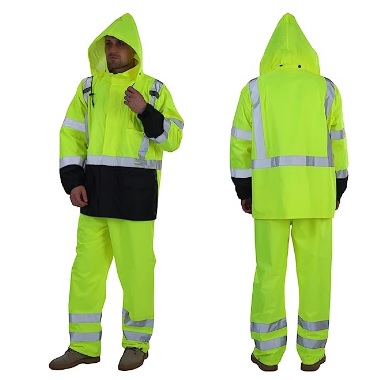 Hi Vis Rain Gear Set (Jacket with Hood + Pant). High visibility general purpose rain jacket. Color: Fluorescent Yellow. Class: Type R Class 3 Size: XL