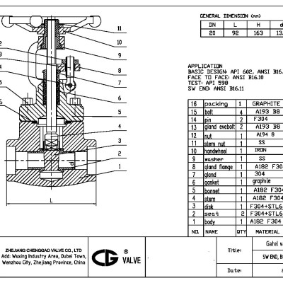 *CG Socket Weld (SW) 3 4" Gate Valve RB Body Bonnet : A182 F304 (Class : 600 LBS) - WITHOUT LOCAL SAT