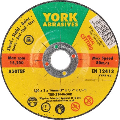 *York Cutting Disc, 30-Medium Coarse, 100 x 3 x 16mm, Type 42, Aluminium Oxide [10s]