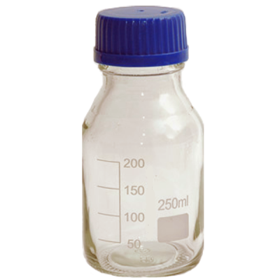 Lab Bottle 250 mL, Clear Glass GL 45, Blue Cap, D-70 x H-138 mm, Soda Glass (X5PCS)