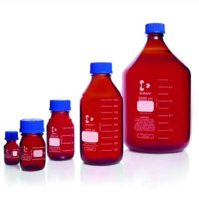 DURAN Original GL 45 Laboratory Bottle, amber, with screw cap and pouring ring, PP, blue, 100 mL