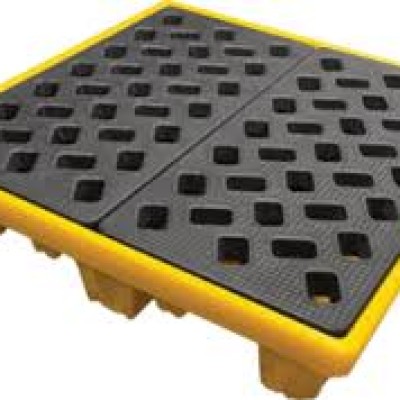 Spill-proof plastic pallet, chemical spill deck, forkliftable drum tray, secondary containment, lab reagent tray