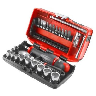 "27-piece imperial 1 4 in standard socket bit set with ratchet, 12 point; hex bit; phillips bit; pozidriv bit  MFR: FACOM P N: R.360NANO"