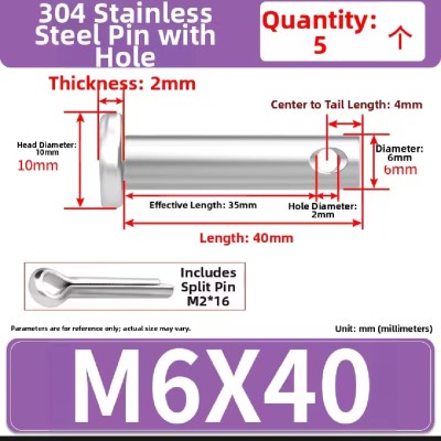 304 SS Pin With Hole M6 x 40