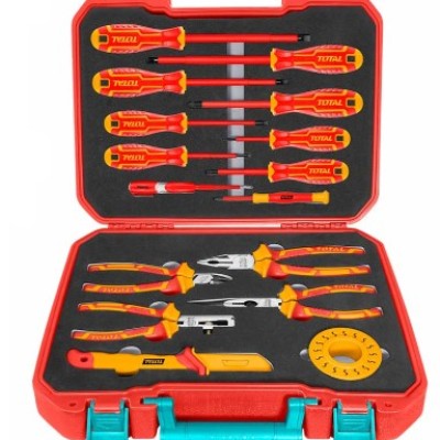 TOTAL INSULATED HAND TOOLS SET WITH PLIERS WRENCH SCREWDRIVER TEST PEN KNIFE & TAPE (1000V 16 PCS) THKITH1601 (VDE Approved Certifications)