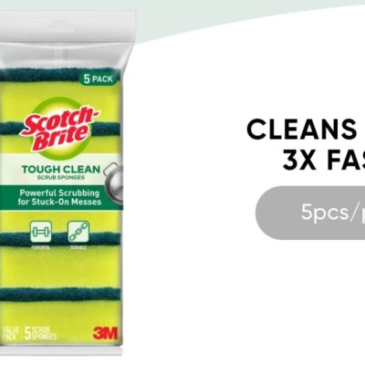 3M SCOTCH-BRITE TOUGH CLEAN SCRUB SPONGE, CLEANS STAINS 3X FASTER, 5 PCS PACK, FOR DISHWASHING