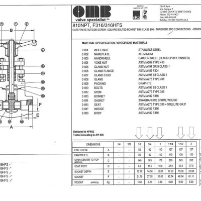 *OMB GATE VALVE SOCKET WELD (SW) 3 4" CLASS 800# F316L BODY & TRIM