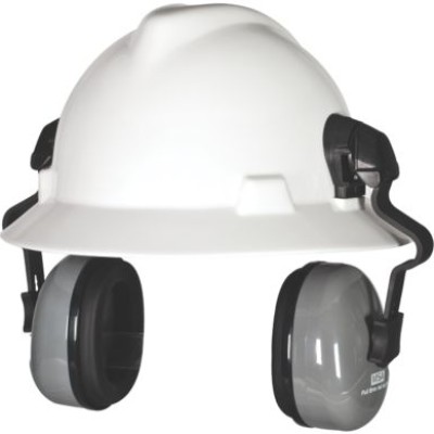 MSA 475369 Full Brim White Helmet with MSA 88128 Elastic Chinstrap, MSA 10129327 Earmuffs, w SHELL logo, Bundle Set