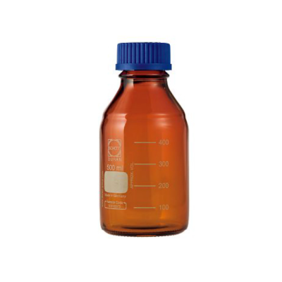 DURAN Original GL 45 Laboratory Bottle, amber, with screw cap and pouring ring, PP, blue, 500 mL