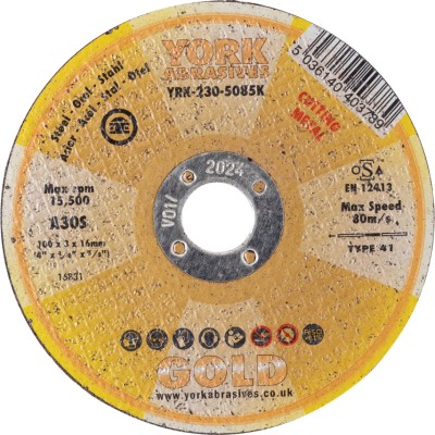 *York Abrasives Gold Cutting Disc, 30-Medium Coarse, 100 x 3 x 16mm, Type 41, Aluminium Oxide [10s]