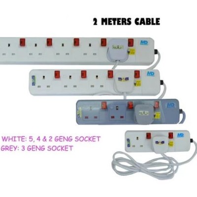 2 Meter Extension Trailing Socket Plug Adapter (2Way 3Way 4Way 5Way) - With Indicator Light   Sirim Certified