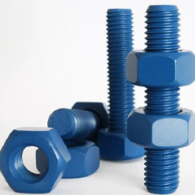 Studbolt c w 2x Heavy Hex Nuts SET ASTM A193 B7M bolt, ASTM A194 2HM nut ZiNi plated, Xylan 1424 Blue coated Dim 1-3 16" UNC X 235MM