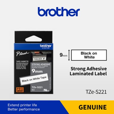 Brother TZe-S221 Black on White 9mm Strong Adhesive Laminated Label Tape 8M
