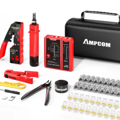 AMPCOM RJ45 Pass Through Crimping Network Tool Kit for Cat5e Cat6 Cat7 with Wire Stripper Punch Down Tool TEL LAN Cable Tester
