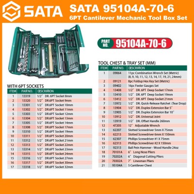 SATA 95104A70-6: 70pc Cantilever Mechanic Tool Chest & Tray Set, DR.1 2, 6PT
