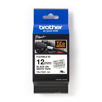 Brother TZE-FX231 Label Printr Tape, TZE Flexible Series, Adhesive, Laminated, Black on White, 12 mm x 8 m