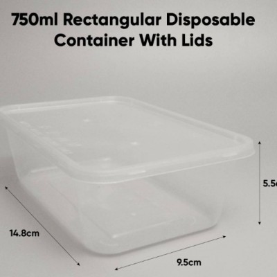 750ml Rectangular Disposable Plastic Container with Lids - SLV10 PACK50