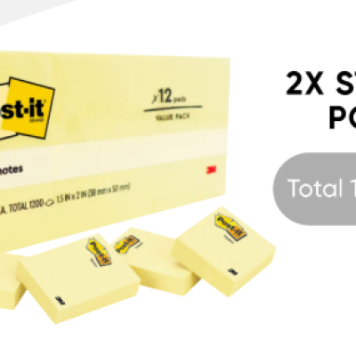 3M Post-it Super Sticky Original Notes Canary Yellow 1.5x2 [100s x 12 Pads] PACK OF 2